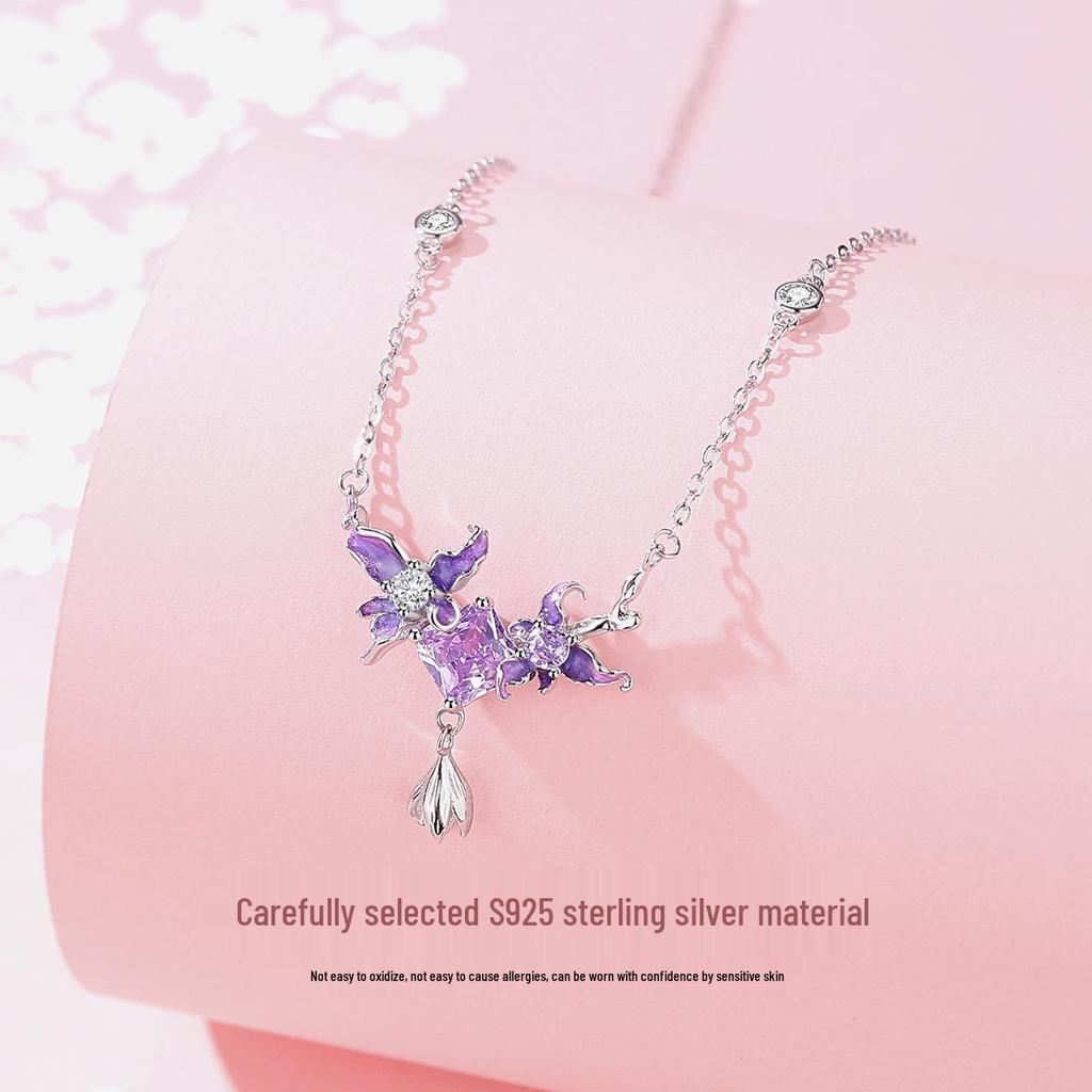 Серебряное ожерелье Tichya S925 с цветком ириса для женщин, дизайн в стиле легкой роскоши, мечтательная фиолетовая цепочка на ключицу