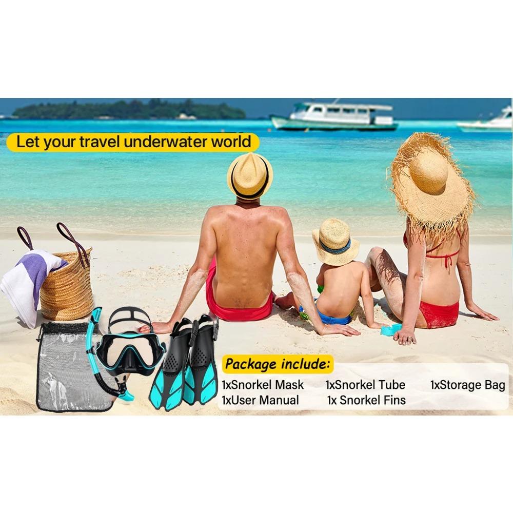 Mask Fins Snorkel Set, Snorkeling Gear for Adults, Panoramic View Snorkel Mask Anti-Fog, Adjustable Dive Flippers, Dry Top Snork