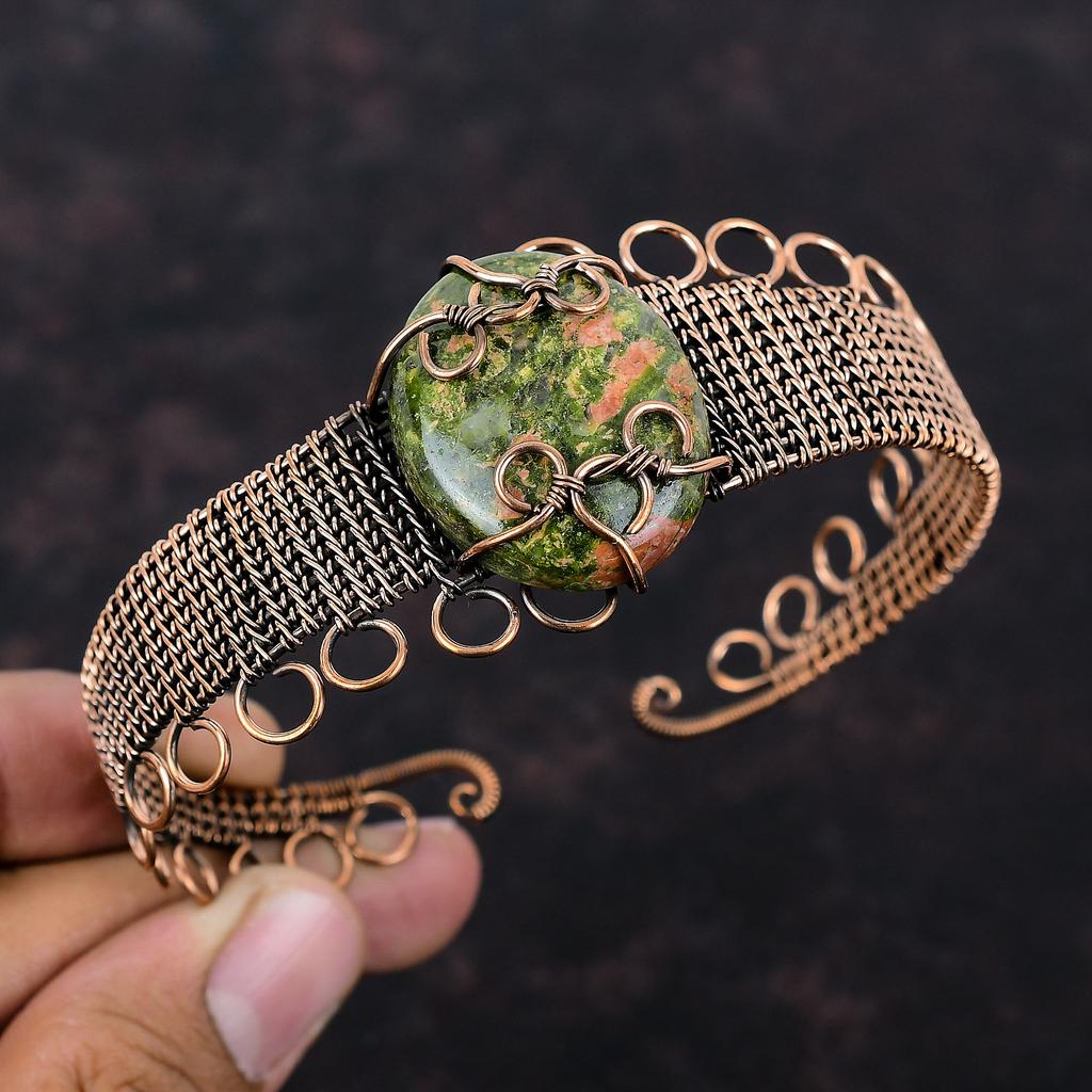 Unakite Gemstone Cuff Bracelet Copper Wire Wrapped Bangle Adjustable Cuff Bracelet Handmade Unakite Jewelry Gift For Her Copper Wire Jewelry