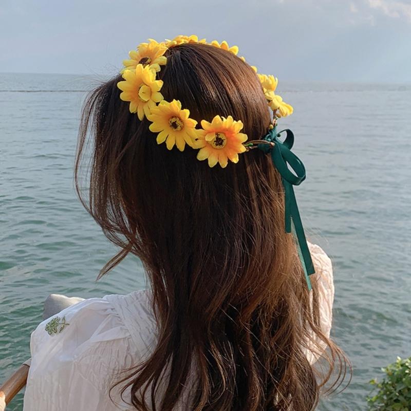 Realistic Sunflower Garland Headband Bohemian Crown Headpiece Tiaras Flower Hairband Women Wedding Party Accessories