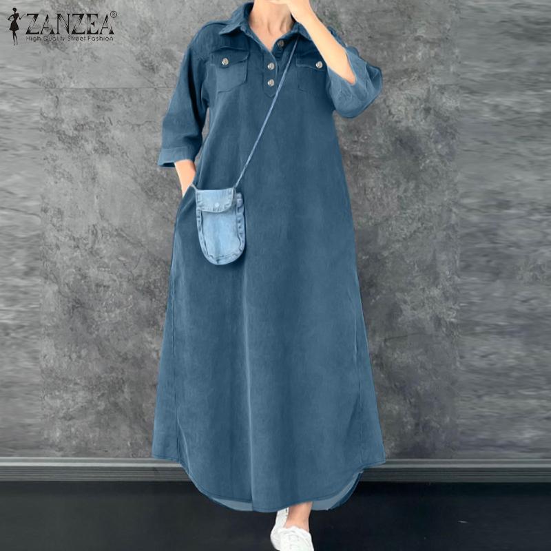 ZANZEA Женское повседневное платье-рубашка свободного кроя с отложным воротником и рукавом 3/4
