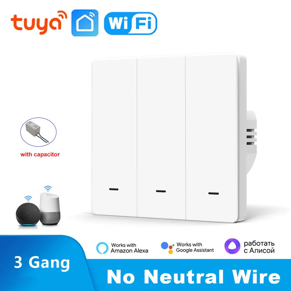 Tuya EU UK Умный WiFi выключатель света Кнопочный 1/2/3 клавиши Настенные выключатели света Без нейтрального провода Smart Life Alexa Google Home Алиса