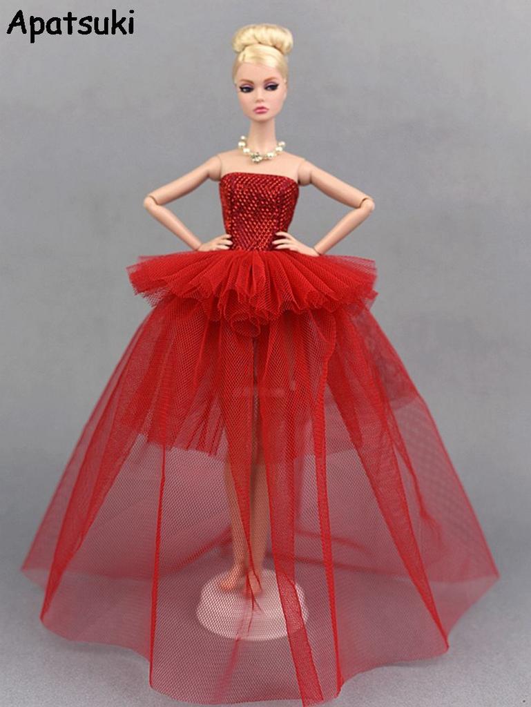 Chinese Red Party Dress For Barbie Doll Clothes Vestidoes Multi-layer Evening Gown Wedding Dresses 1/6 Doll Accessories