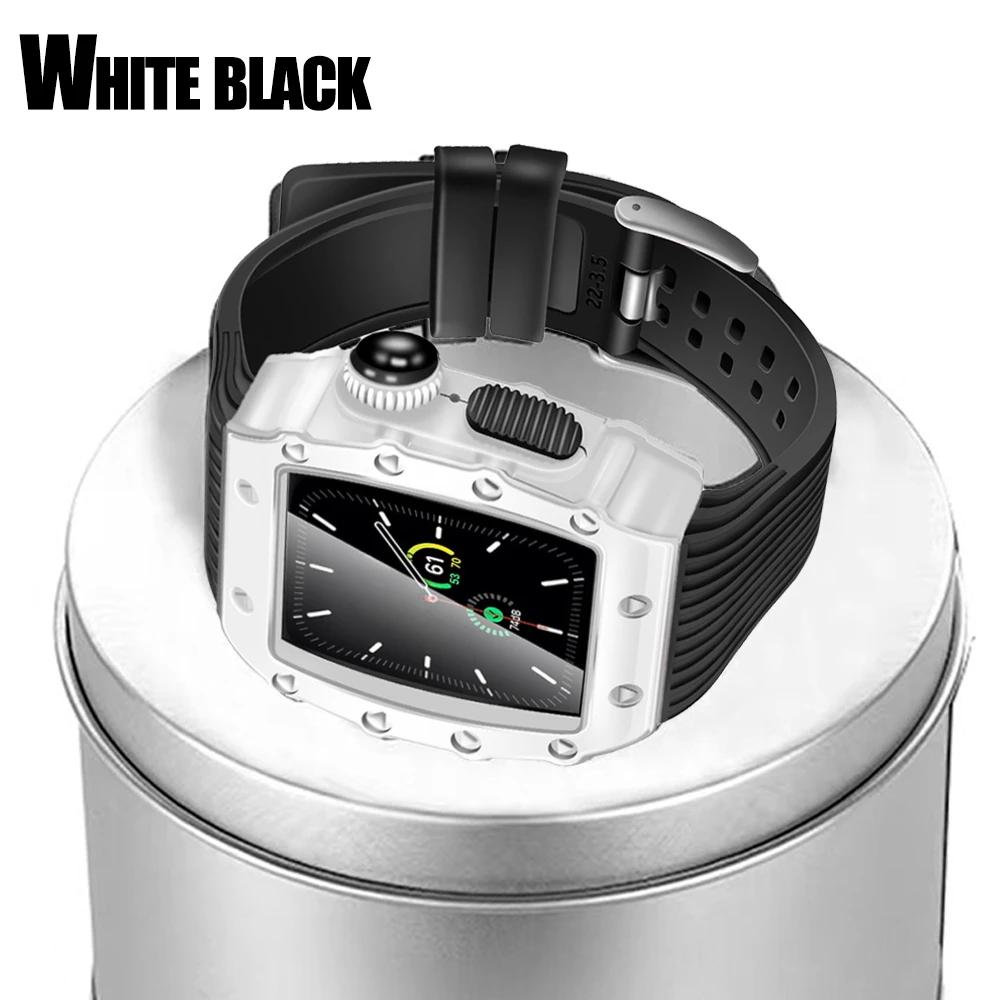 Роскошный корпус и ремешок для модификации Apple Watch Series 9 8 7 6 5 4 44 мм 45 мм Мужской прочный корпус Силиконовый спортивный ремешок для iWatch 5/4 SE
