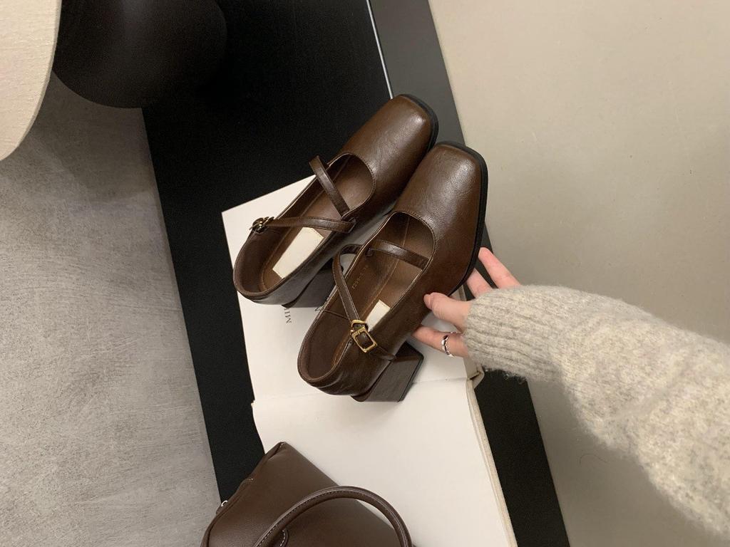 Thick Heel Mary Jane Small Leather Shoes Women's British Spring and Autumn New Light Mouth Single Shoes Women's French Retro Square Head High Heel Sho