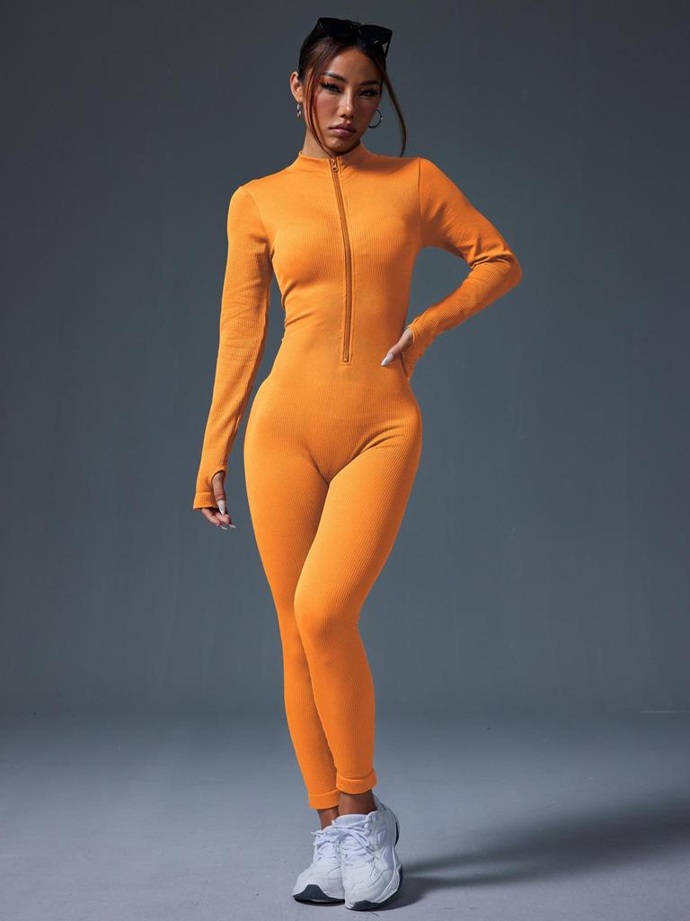 European-Style One-Piece Sport Jumpsuit for Women with Zipper, Stand Collar, Long Sleeves, Thumb Holes, Hip Lifting, and Tummy Control
