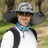 Men Fisherman Hat with Dual Solar Fan Large Brim Windproof Strap USB Charging Anti UV Sunlight Quick Dry Great Breath