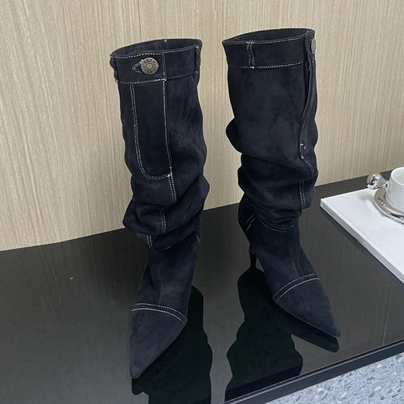 Новый стиль Плиссированные джинсы с отстрочкой Ботильоны до колена Женские Декор пуговицами и карманами Пэчворк Осень Зима Облегающие Туфли на тонком каблуке