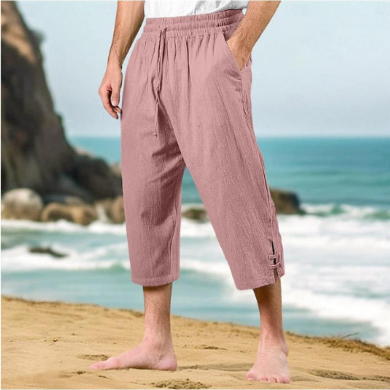Men's Casual Summer Waist Drawstring Multi-pocket Linen Cropped Pants Beach Pants