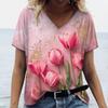 Fashion Tulip 3D Printed Women's T-shirt Summer Casual Flower V-neck Shirt Vintage Harajuku Women's Plus Size Top T-shirt