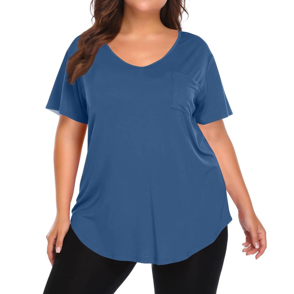 Women's Solid Color Large Size V-neck Top Loose Pocket T-shirt