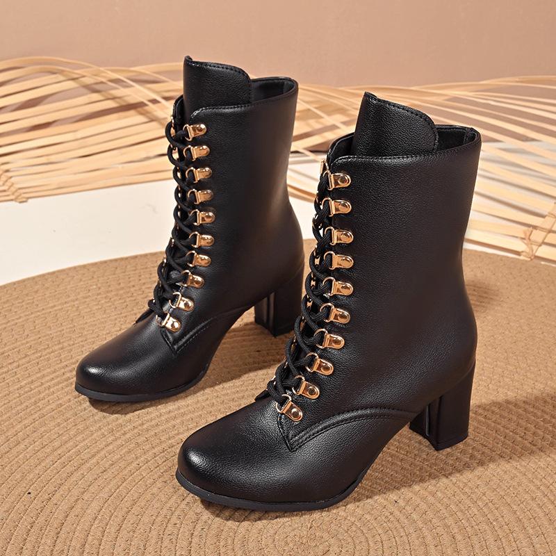 Spring Autumn Ankle Boots for Women Comfortable Platform Botas Women High Heels Lace Up Solid Color Short Knight Boots Big Size