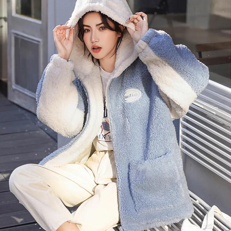 Зимнее женское теплое плюшевое утепленное пальто с капюшоном, женская универсальная короткая короткая куртка большого размера из овечьей шерсти