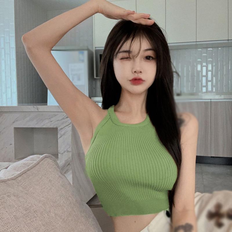 Женская камзол с воротником на шее, легкий укороченный топ, футболка без рукавов, майка, однотонная повседневная базовая рубашка