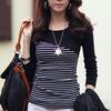Модная весенняя женская футболка в полоску с длинным рукавом и круглым вырезом, облегающий топ