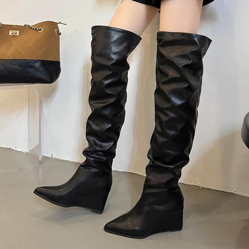 Женские ботильоны на танкетке Высокие каблуки Модные туфли с острым носком Роскошные туфли-лодочки Высокие сапоги Новые элегантные платья Челси Женские ботинки