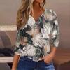 Женская модная повседневная футболка с v-образным вырезом и декоративными пуговицами, рукавом три четверти, с цветочным принтом, топ