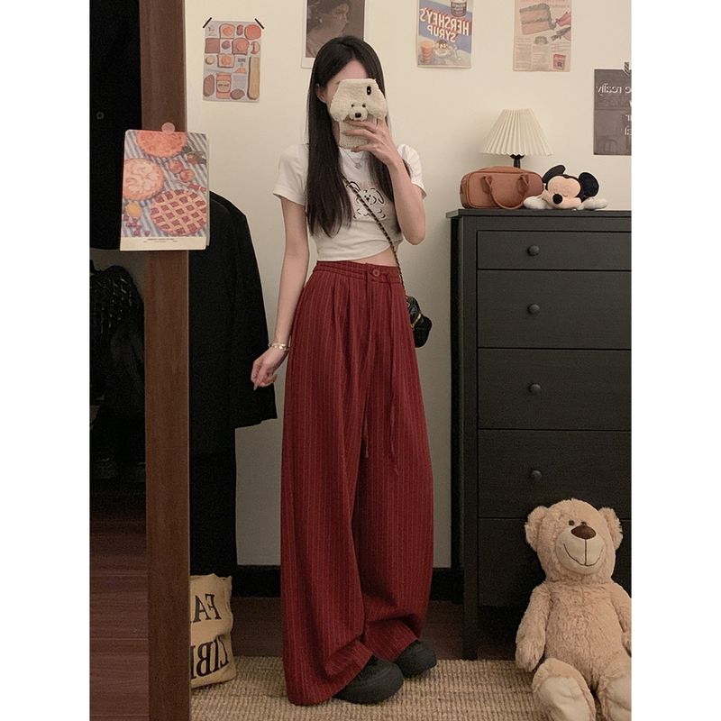 Kumikumi Stylish Drawstring Suit Pants Casual Pants Women Fall Striped Wide-Leg Pants Draping Mopping Pants Pants