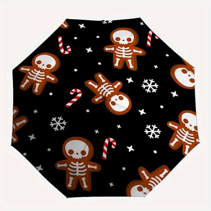 1pc Gingerbread Skeletons Auto Open/Close Umbrella with One-Touch Button, Compact Folding Canopy, Sturdy 8-Rib Windproof Design -125