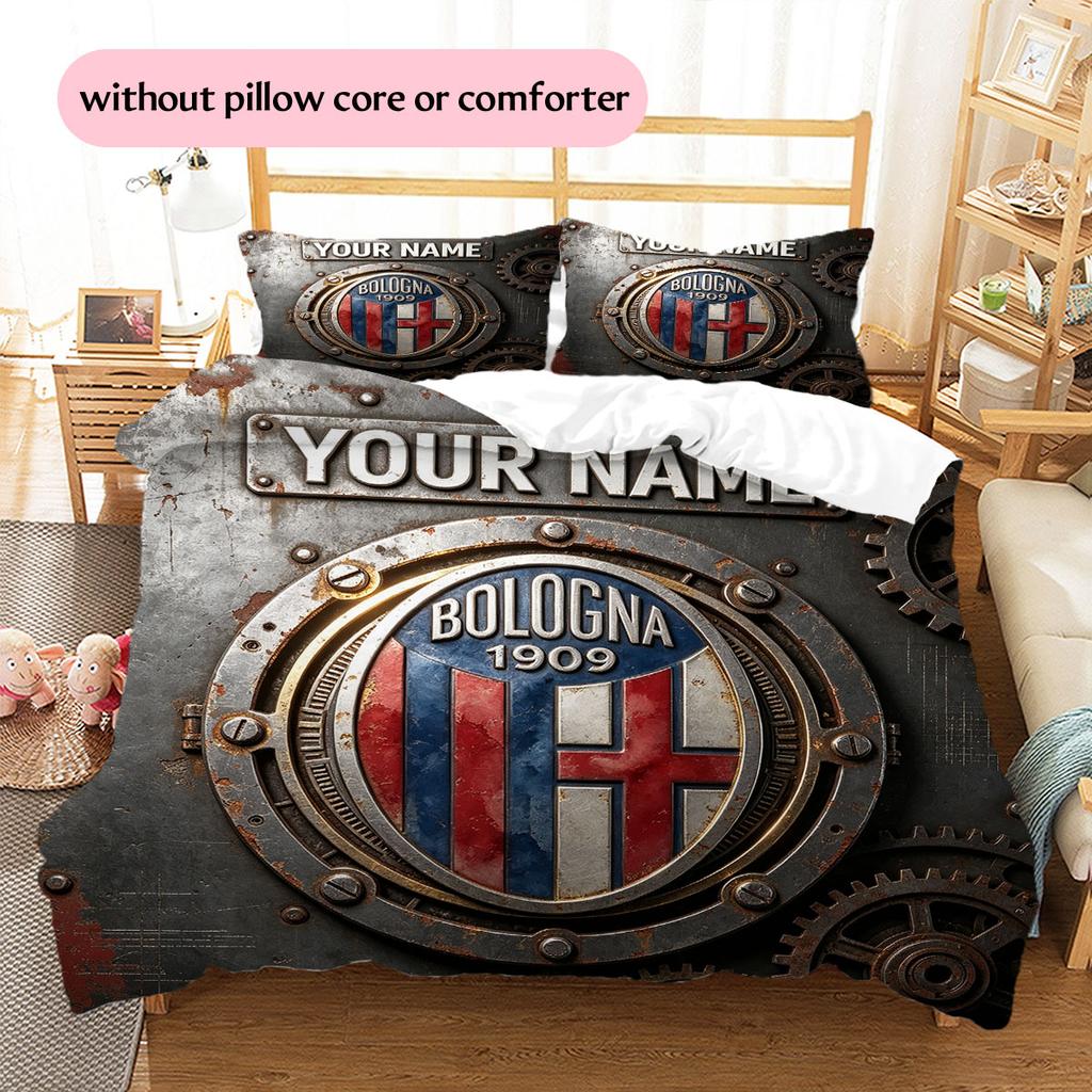 Custom Name,Bologna FC Pattern Bedding Home Decoration Birthday Gift ( 1 duvet cover + 2 pillowcase, without core),fan merchandise.