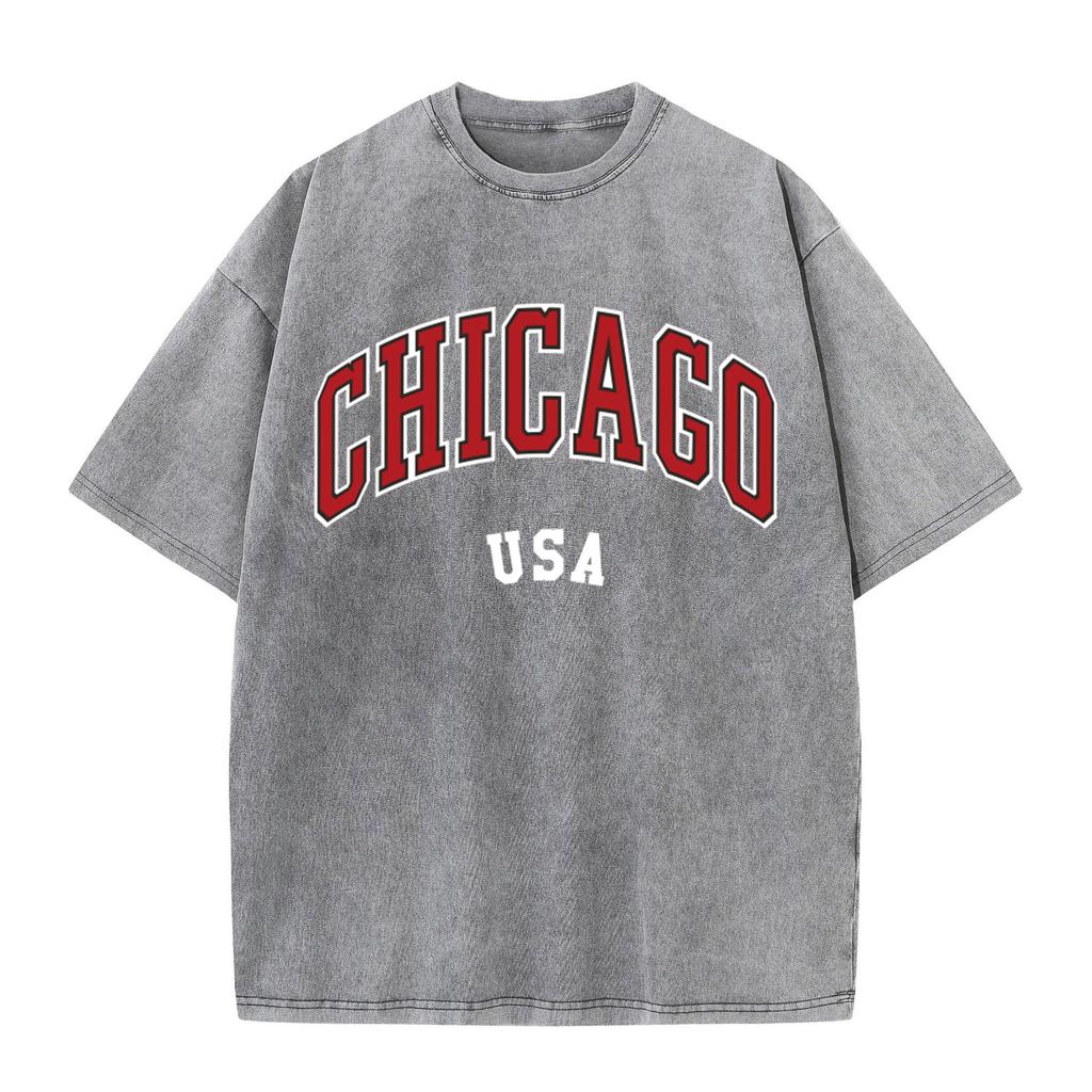 Women'S Cotton Washed T-Shirts All-Math Distressed Loose Tops Chicago Usa Printing Short Sleeve Summer Street Female Clothes
