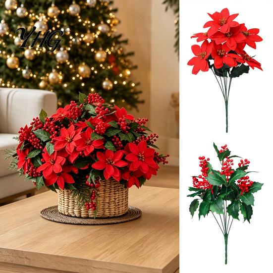 Seasonal Home Decor for Winter Holidays Artificial Poinsettia Flowers, Christmas Red Bouquet with Berries, Faux Silk Fake Floral Sprays Vase