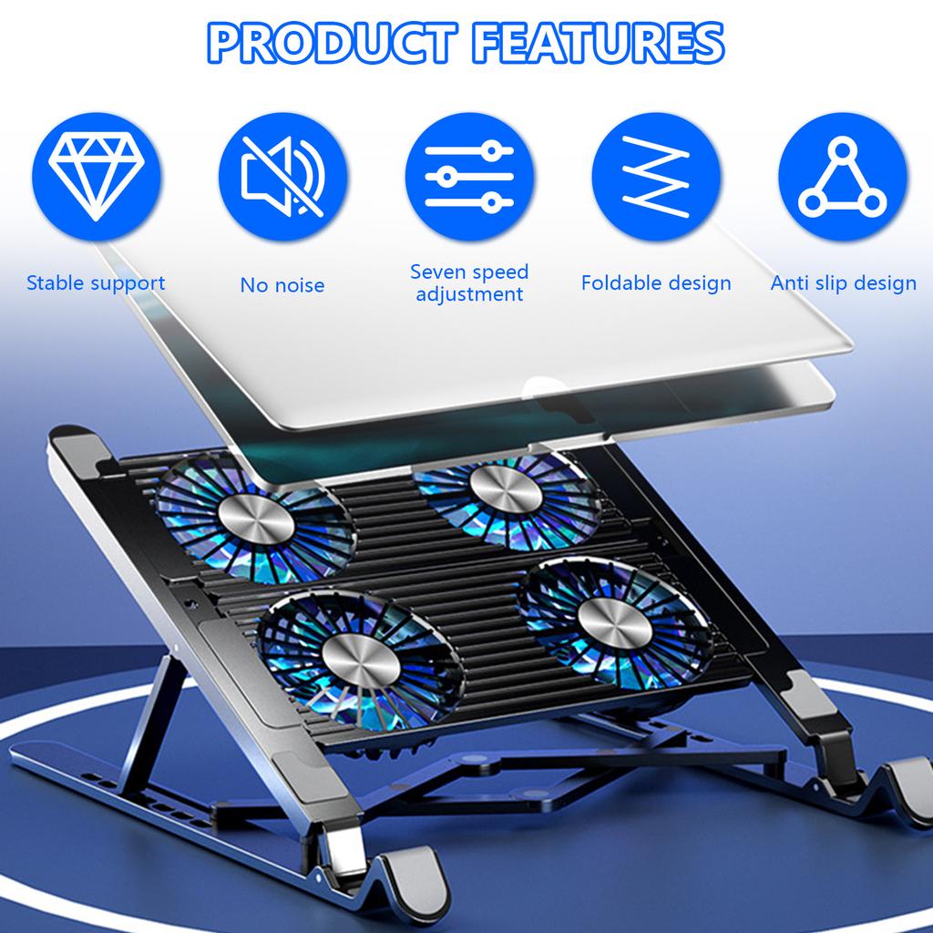Aluminum Laptop Cooling Pad LED Gaming Laptop Coolers Quiet Cooling Fan Folding Bracket for Laptop Height Stand
