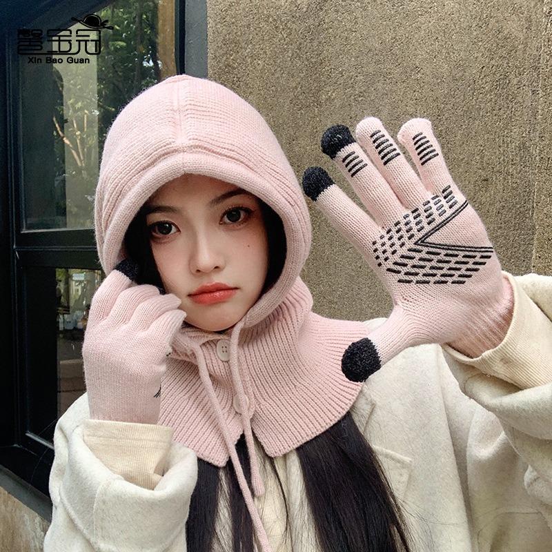 Балаклава-шаль, цельный пуловер, шерстяная шапка, зимняя, для улицы, теплая, с защитой ушей, вязаные перчатки-шапка, женская