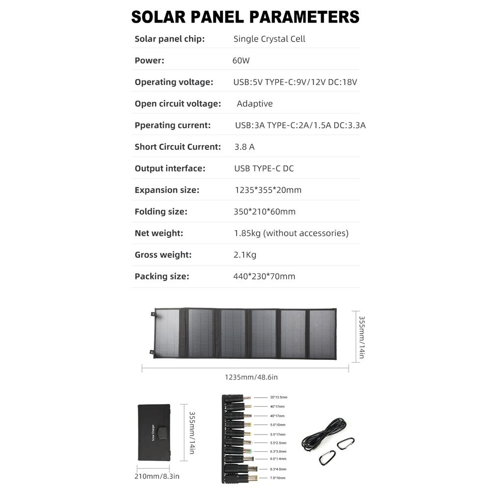 Портативная солнечная панель 60 Вт, складная монокристаллическая кремниевая солнечная зарядная плата с QC3.0/5V