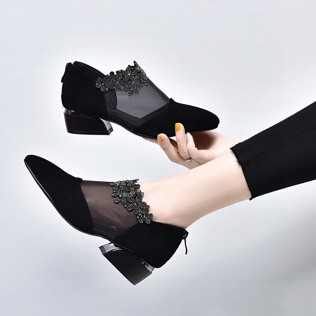 Spring New Pointed Mesh Sheepskin Rhinestone Single Shoes Black Low Heel Rear Zipper Breathable Women's Shoes