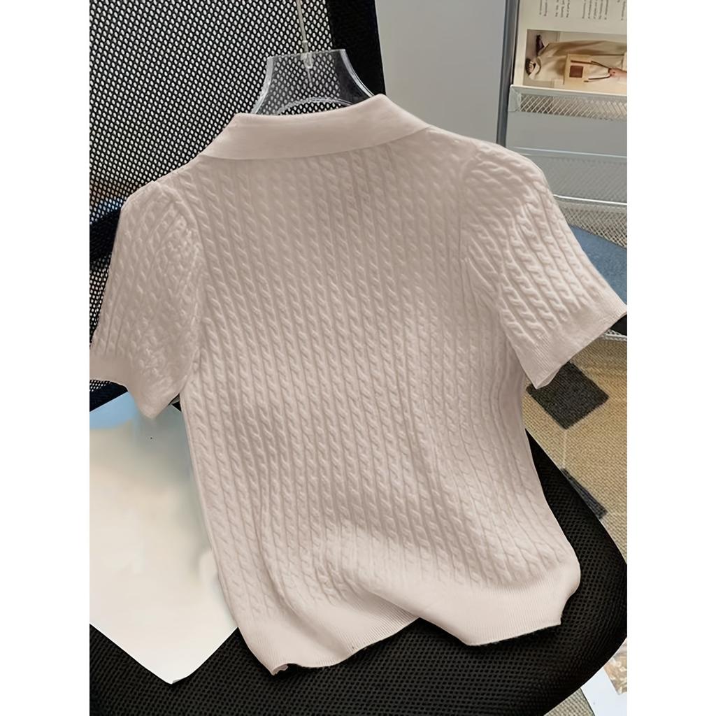 Temperament Lapel Ice Silk Knit Top Летняя свободная тонкая футболка с короткими рукавами