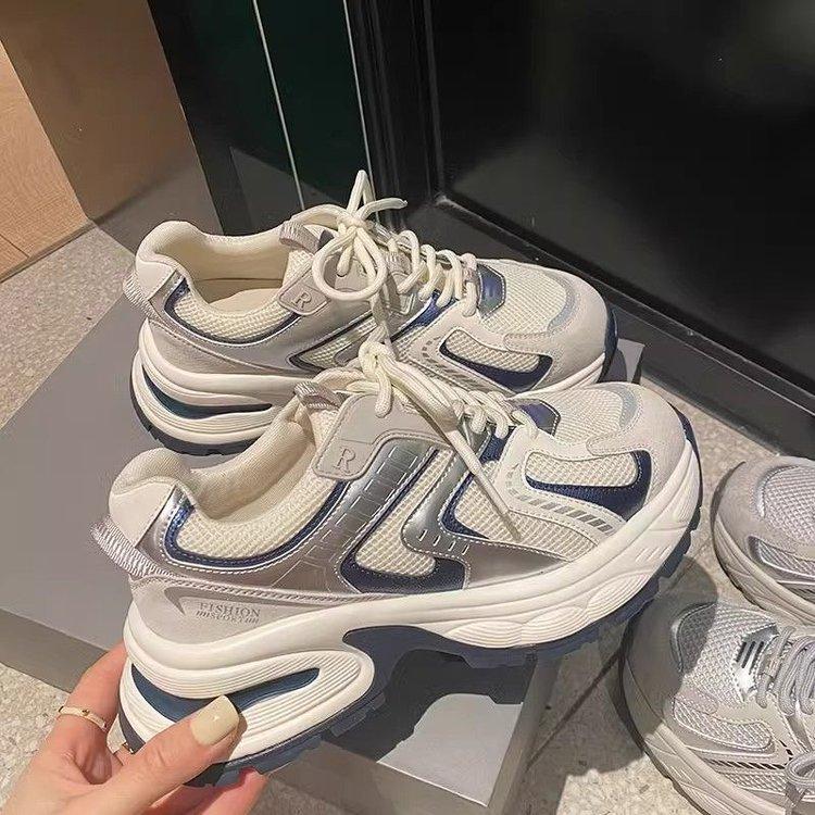 Сетчатые дышащие туфли для папы на толстой подошве для женщин, весна 2025, новые дышащие удобные универсальные повседневные спортивные туфли на шнуровке