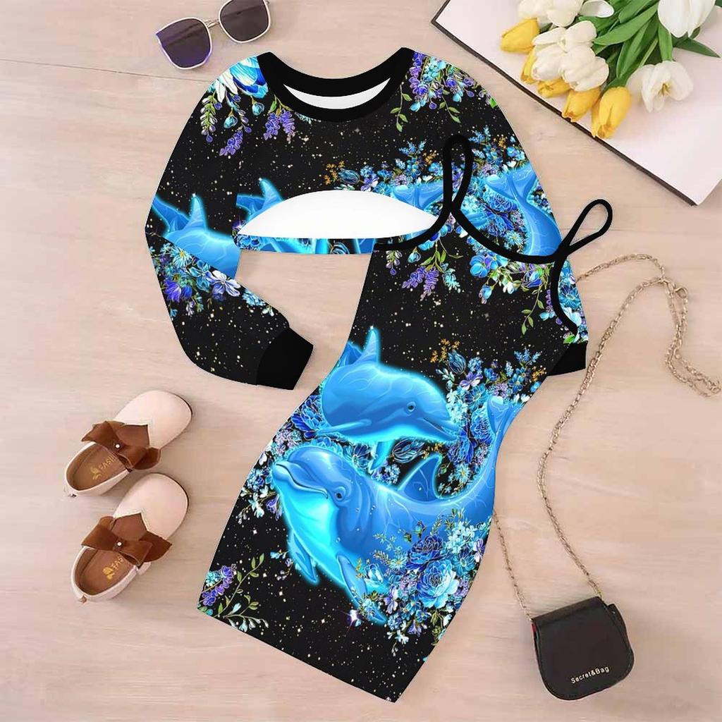 Girls Cartoon 2 Piece Outfits, Long Sleeve Crop Top + Spaghetti Strap Bodycon Dress, avender Pink Floral Print Party Dress Set