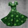 Women's V-neck St. Patrick's Day Printed Waisted Shirred Short Sleeve Dress