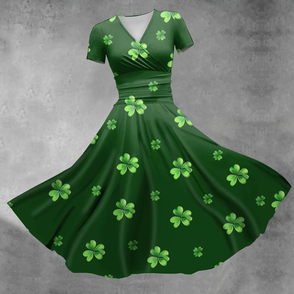 Women's V-neck St. Patrick's Day Printed Waisted Shirred Short Sleeve Dress