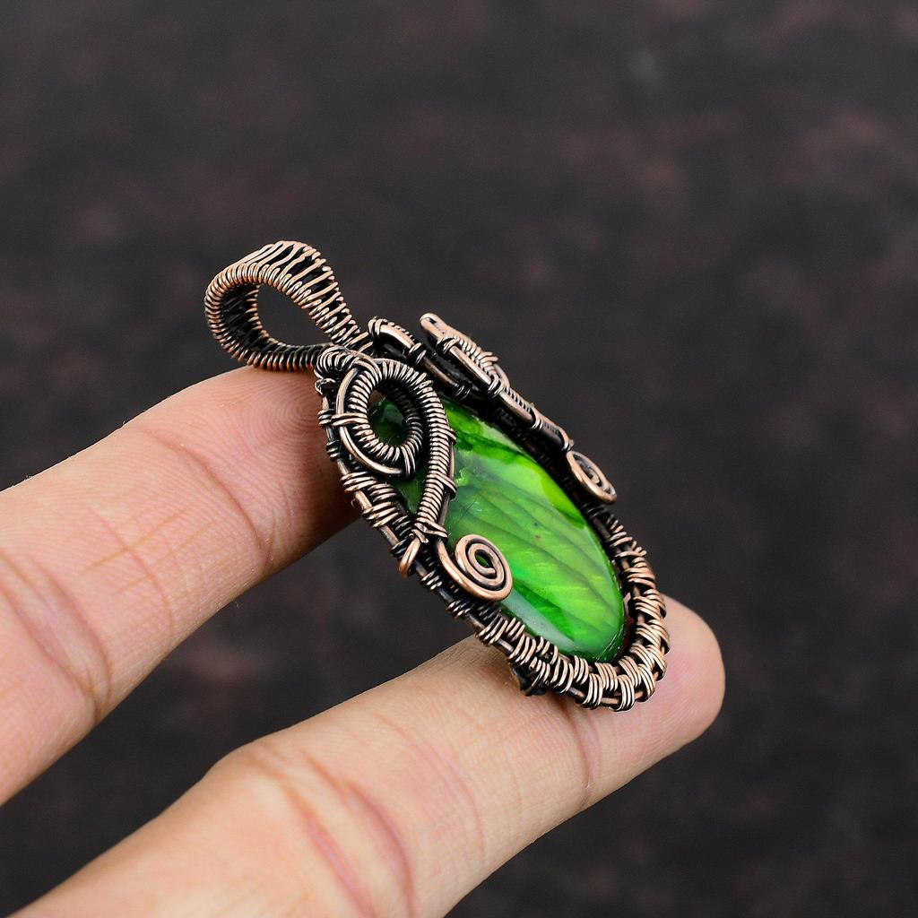 Зеленый огненный лабрадоритовый кулон, медная проволока, обернутая драгоценным камнем, замечательная медная бижутерия, кулон в этническом стиле, ручная работа, ювелирные изделия для подарка