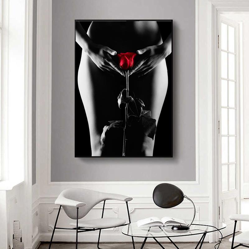 Sexy Woman Nude Posters and Prints Portrait Canvas Painting Red Rose Pictures Wall Art for Living Room Home Decor No Frame