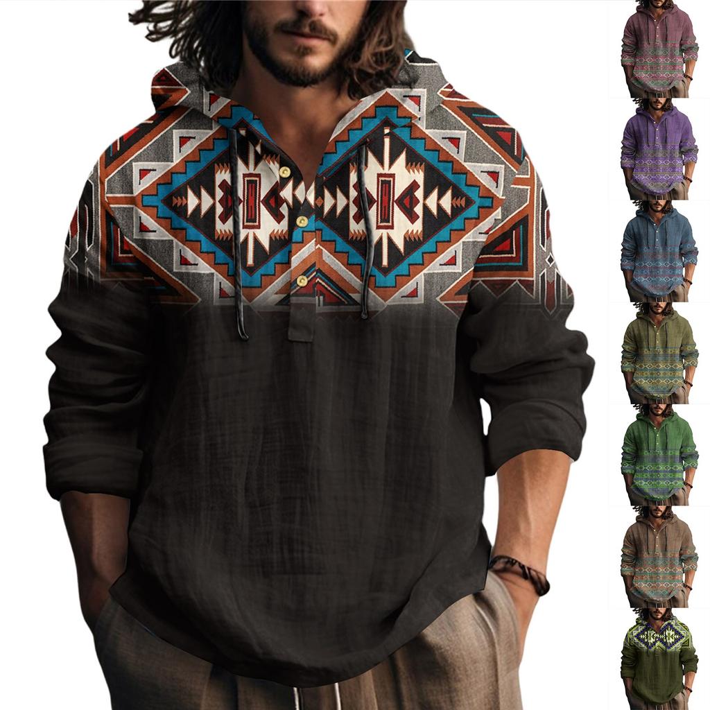 Printed Men's Cotton And Linen Shirt Hooded Long-sleeved Hooded Spring And Summer Casual Daily Wear
