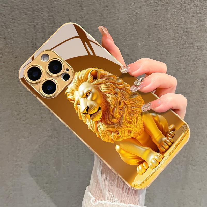 Модный стеклянный чехол для телефона с дизайном золотого льва для iPhone17 16 Pro Max/16/15 Pro/14 Plus/13 Pro Max/12/11 Pro, Элегантный чехол