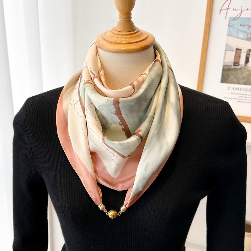 Magnetic Buckle Silk Neck Scarf: Triangle Design for Women, 70x70cm, Lightweight Spring/Summer/Autumn Accessory