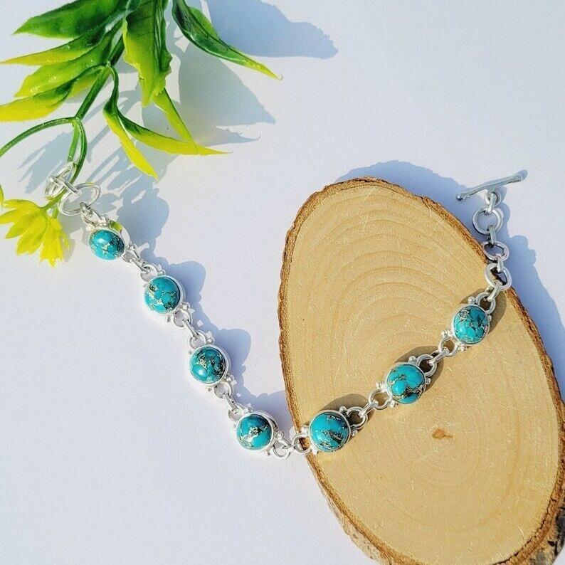 Ювелирный браслет ручной работы из стерлингового серебра 925 пробы с бирюзовым драгоценным камнем в подарок для нее