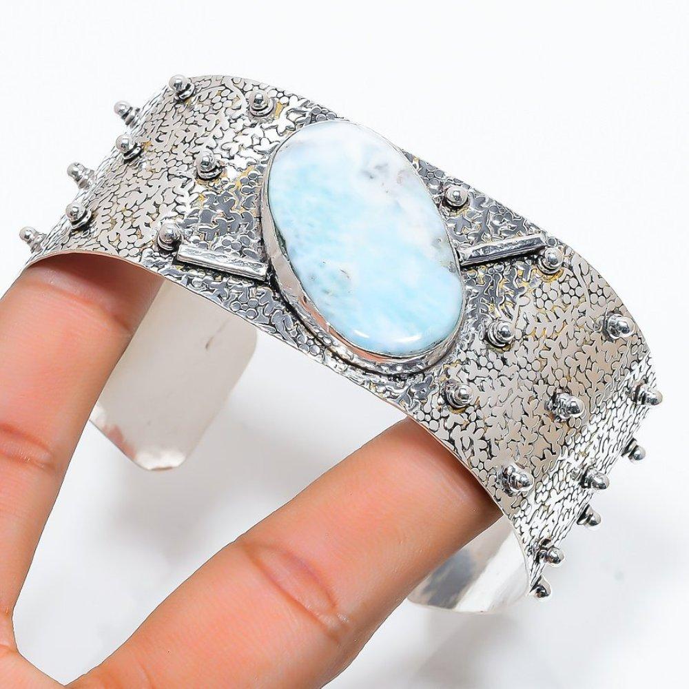 Republic Larimar Gemstone 925 Sterling Silver Cuff Bangle Adjustable G3F51