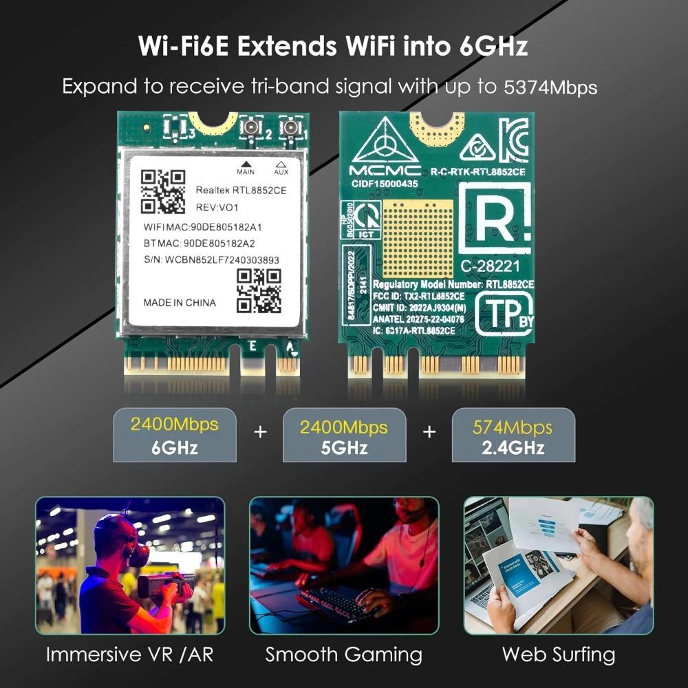 M.2 RTL8852CE WiFi6E AX5400 Wireless Adapter BT5.3 Tri‑Band 2.4G/5G/6GHz 5400Mbps WiFi Network Card For Laptop Win10 Win11