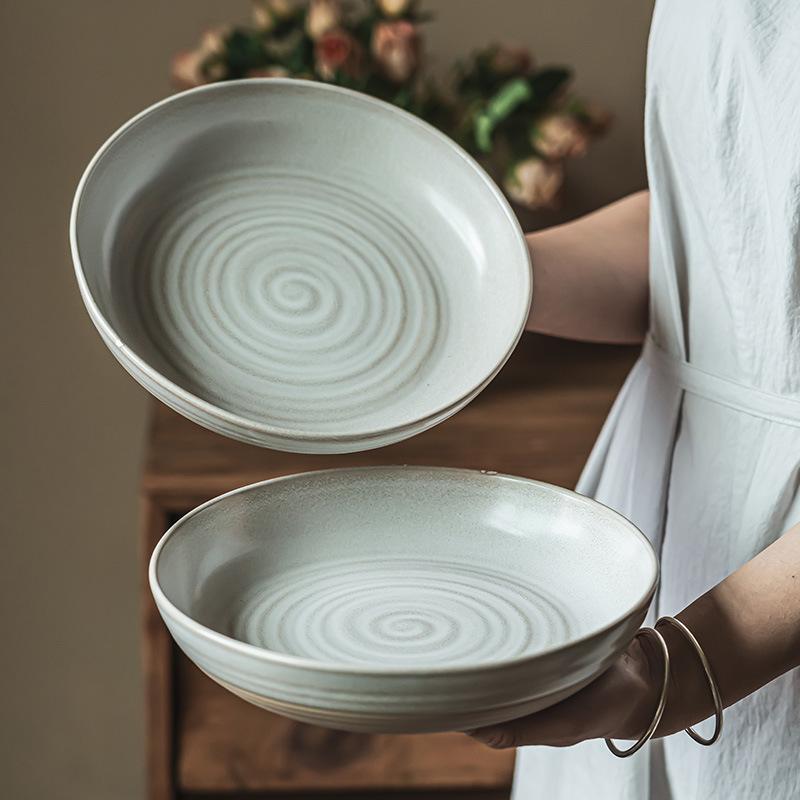 Retro Ceramic Deep Plate Round Ceramic Plate Design Sense Spiral Pattern Plate Household Vegetable Plate Tableware Steak Plate