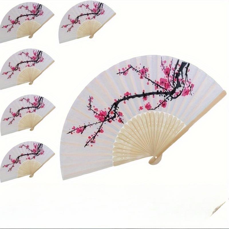 6pcs Cherry Blossom Fabric Folding Fans - Japanese Style Handheld Fans with Pink & Black Floral Design, Elegant Wedding Party Favors & Home Decor
