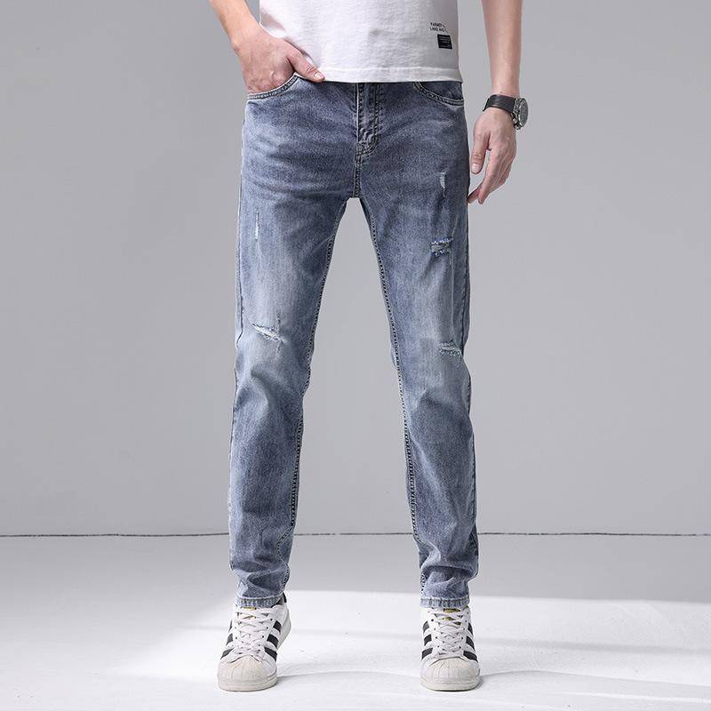 Весенне-летние новые мужские джинсы и брюки из чистого хлопка, облегающие, прямые, стрейч, мужские