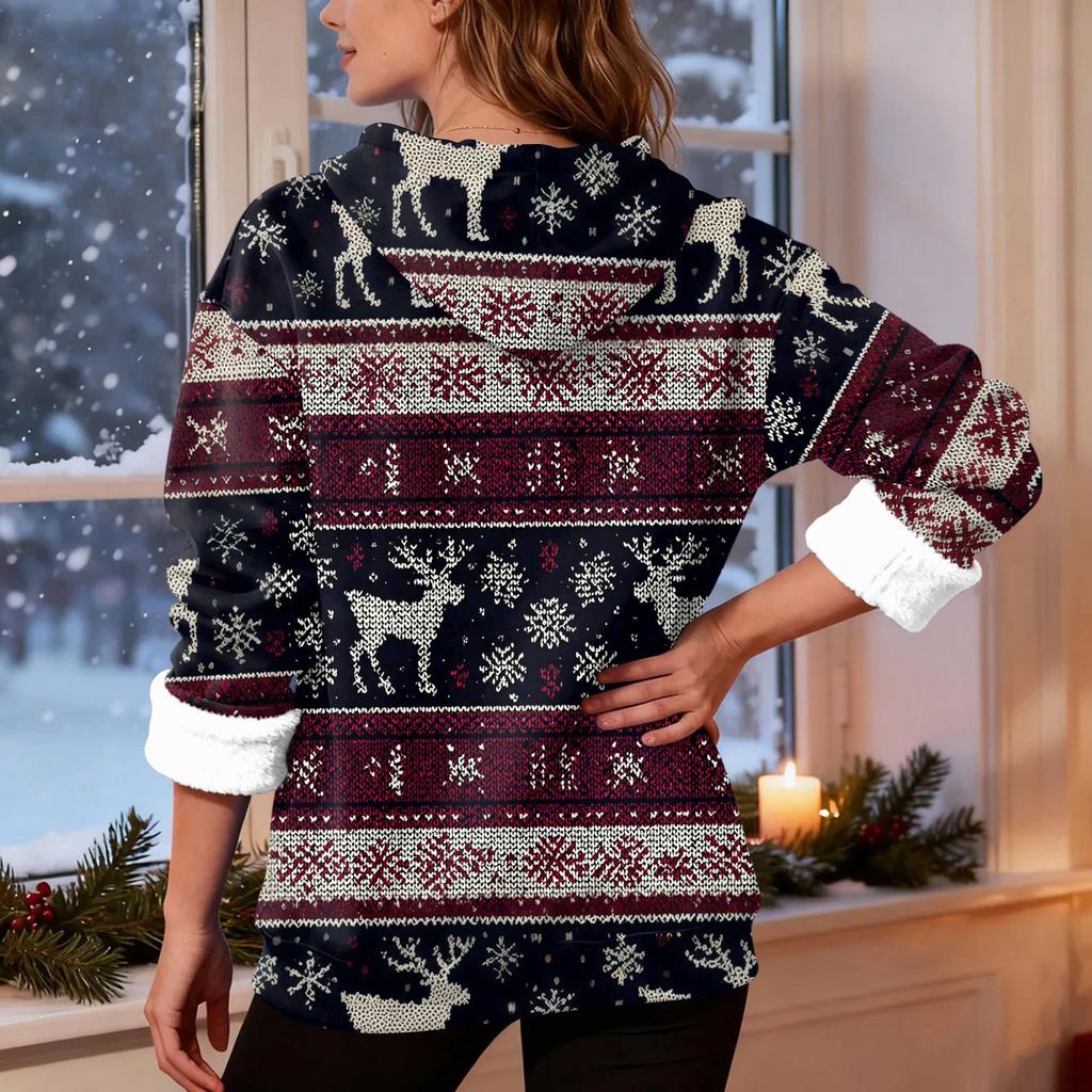 Женская модная повседневная толстовка с капюшоном и длинным рукавом с рождественским принтом