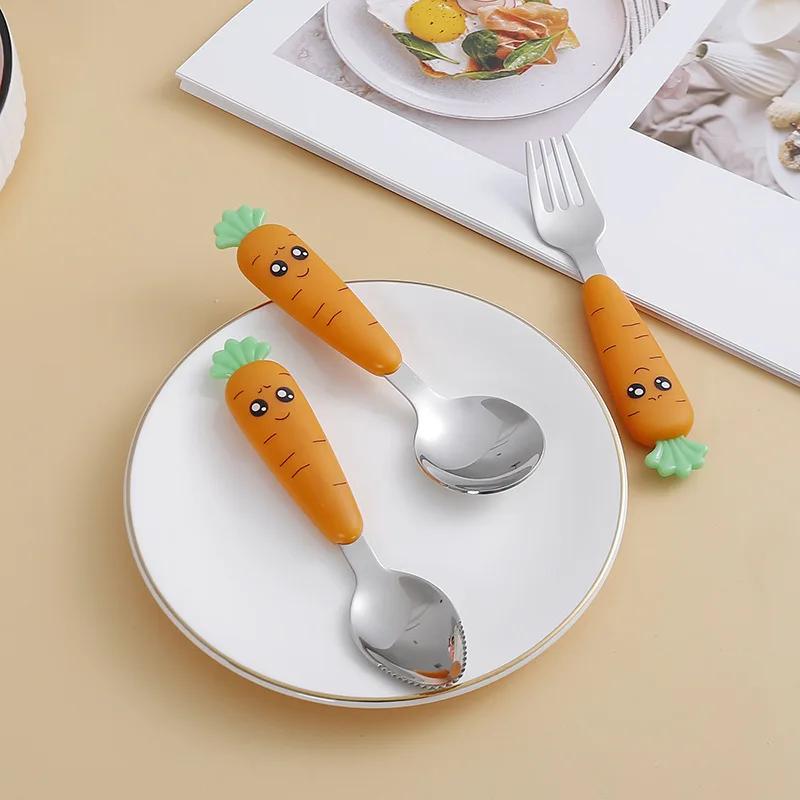 New Carrots Set Children Kids Dinnerware Stainless Steel Spoon Fork Flatware with Box Baby Feeding Kitchen Tableware Supplies