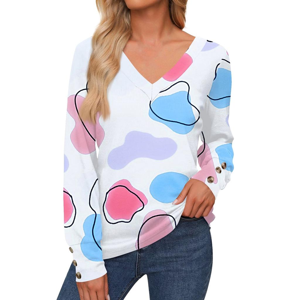 Женская повседневная модная рубашка с длинными рукавами и манжетами на пуговицах, свободная футболка с V-образным вырезом, осенняя одежда