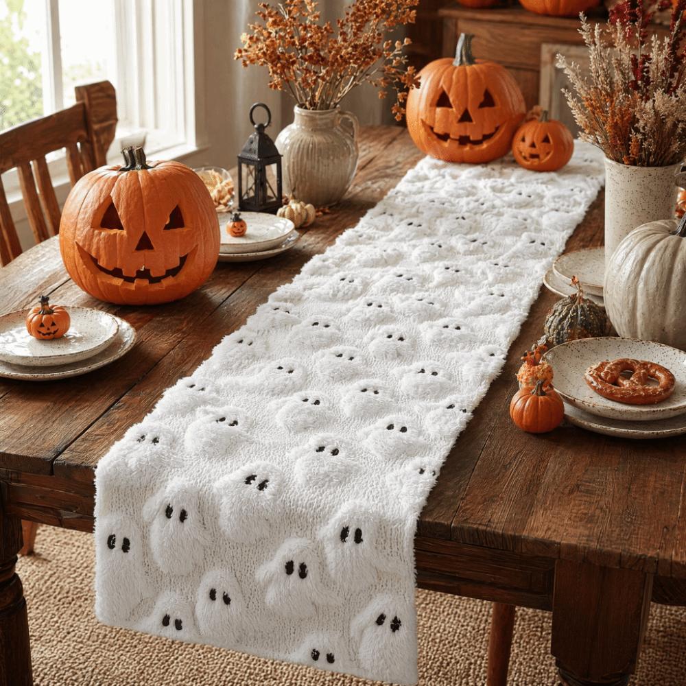 Comfortable Halloween Table Runner Soft Texture 3D Tufting Dining Tablecloth Restaurant